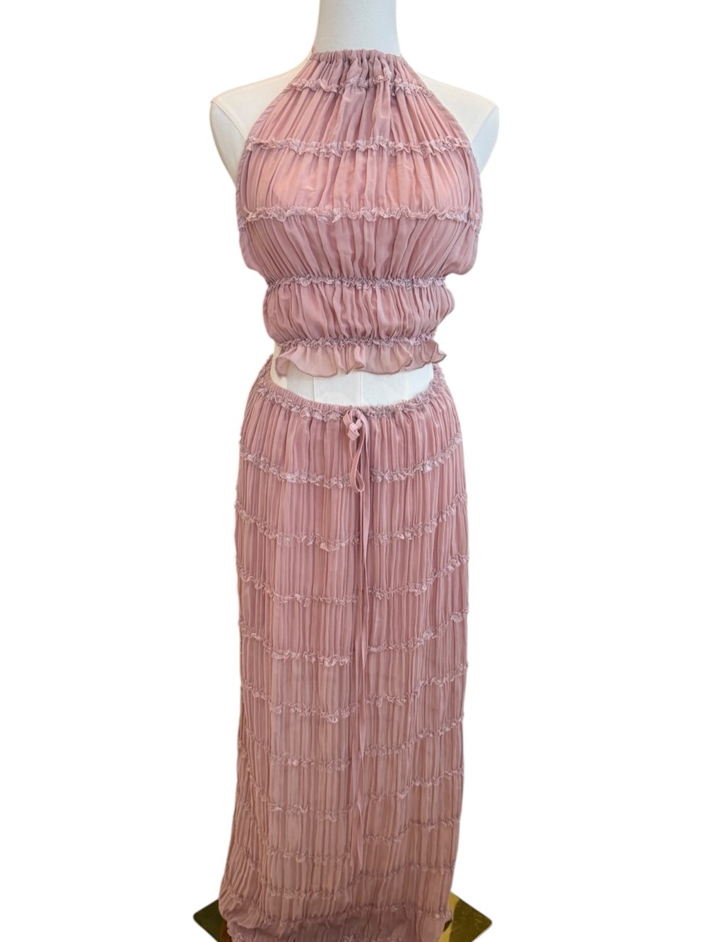 Halter Maxi Dress in Dusty Rose with Textured Pleats